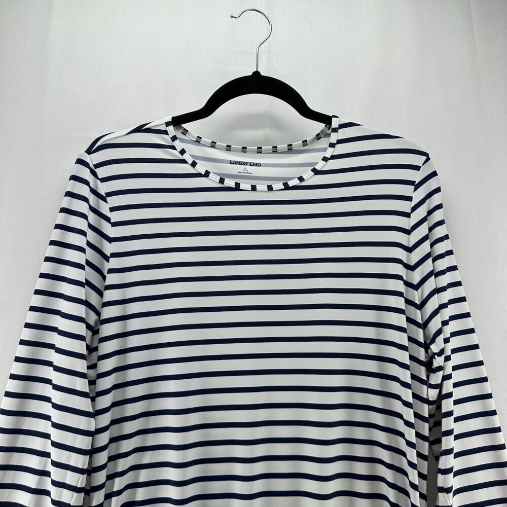 Lands End Top Women L Pullover Long Sleeve Cinched Drawstring Stripe White Black - Picture 8 of 11